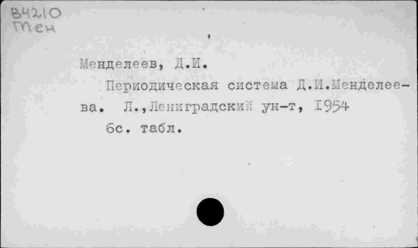 ﻿ьчхю
Менделеев, Д.И.
Периодическая система Д.И.Менделеева. Л.,Лениградскии ун-т, 1954
6с. табл.